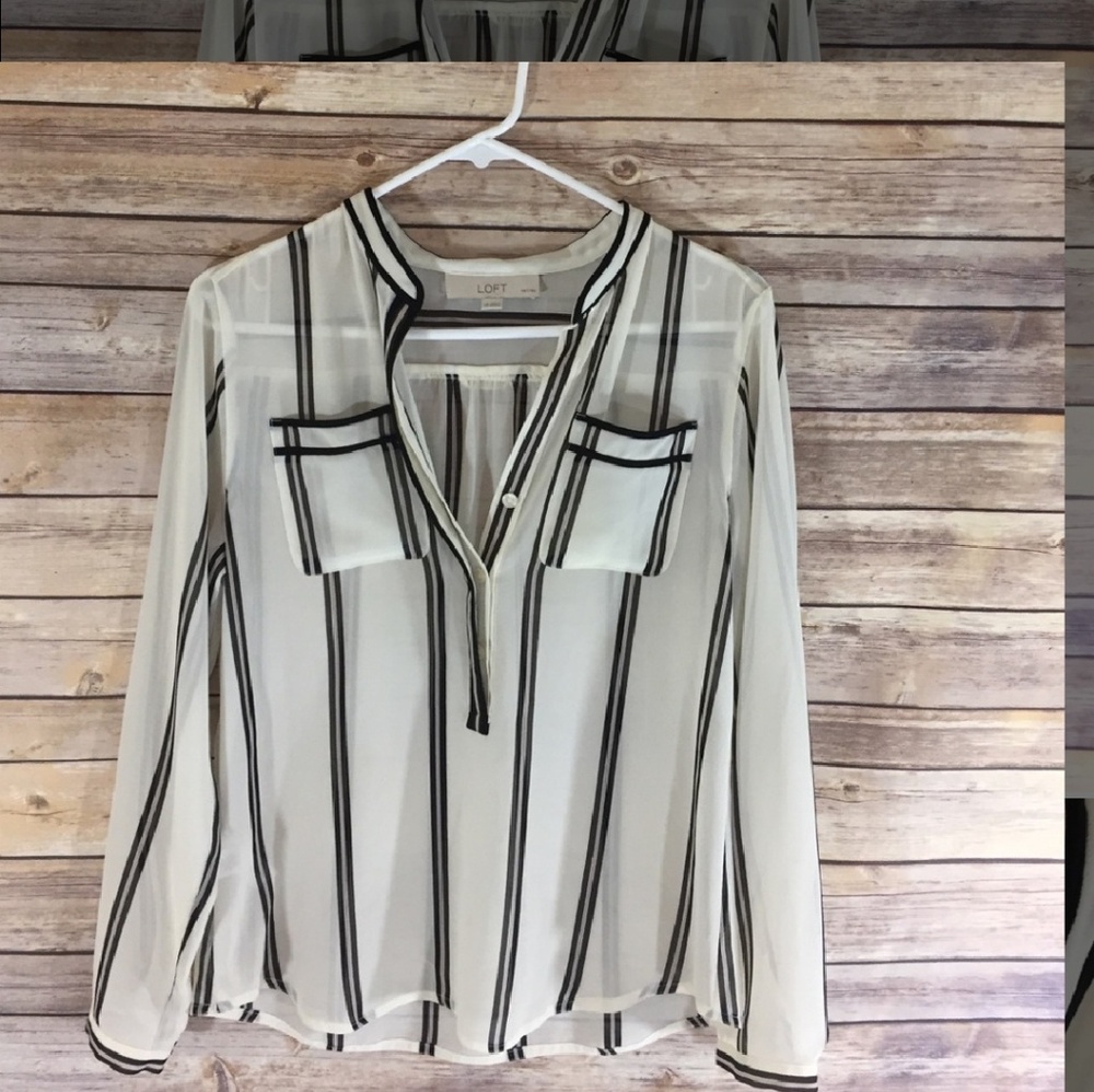 LOFT cream sheer blouse with black/blush stripes